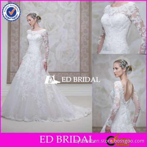 XL293 A Line Sweetheart Neckline Long Sleeve Beaded Lace Backless Muslim Bridal Wedding Dress